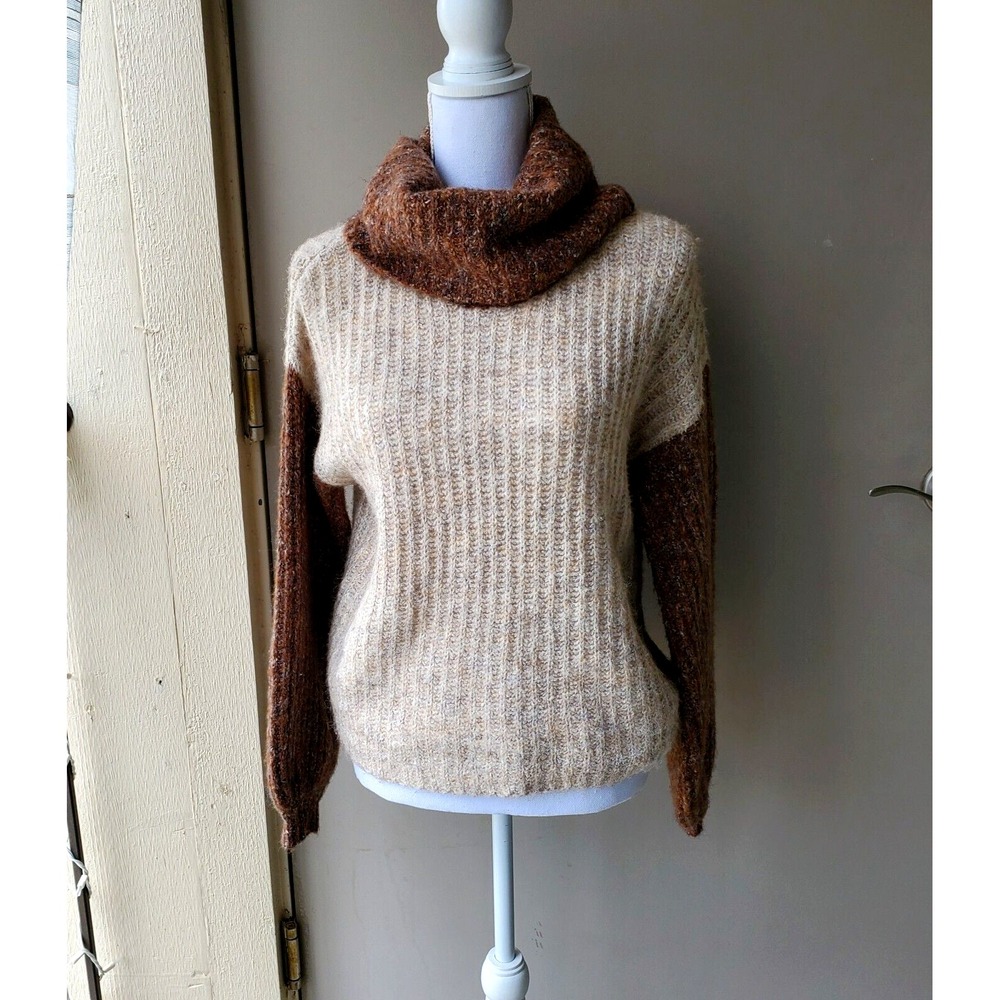 Ruby Moon Sweater Womena Size XS Brown Beige‎ Cowl Neck Puff Sleeves